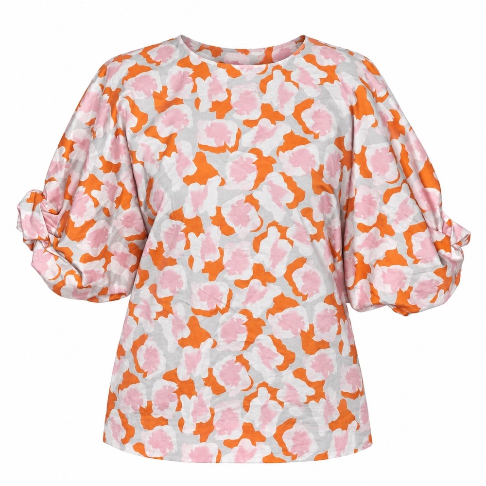 COS Blouse 4 Orange Pink Abstract Floral Dopamine Dressing Bow Sleeve Cotton